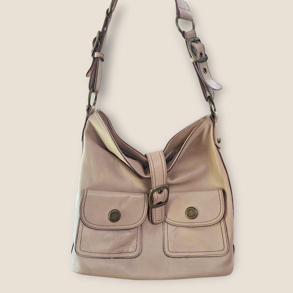 Etienne Aigner Tan Leather Hobo Shoulder Bag Buckle Pockets Brass Tone Hardware